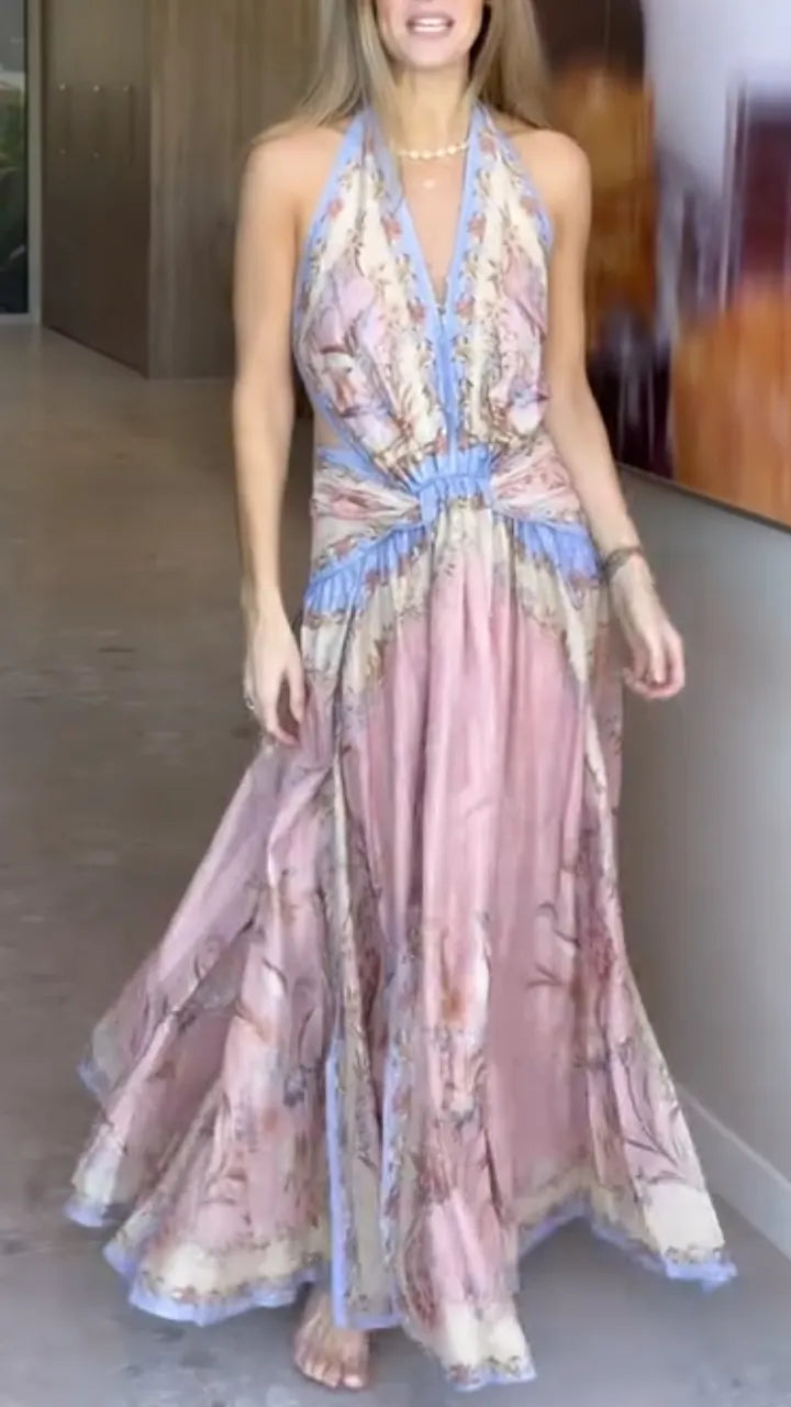 Floral Print Halter V Neck Gathered Waist Maxi Dress