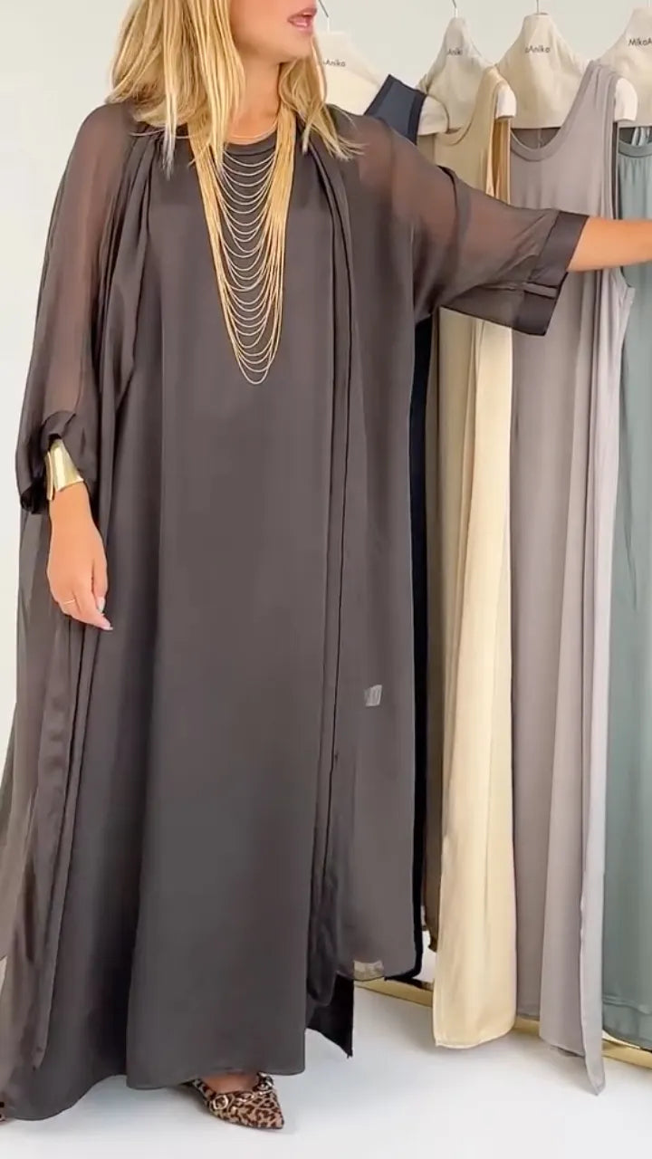 Sheer Chiffon Loose Maxi Robe And Satin Round Neck Long Dress Elegant Two Piece Set