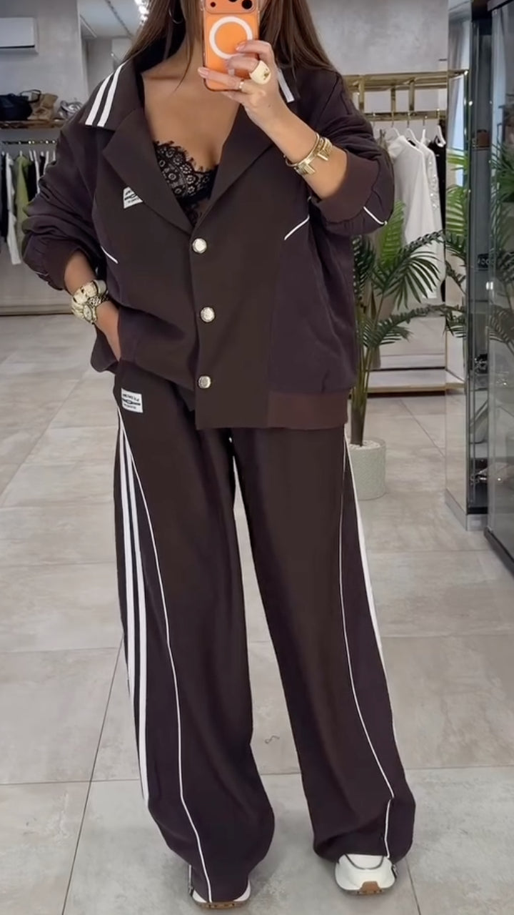 Dark Brown Color Block Stripe Notched Collar Tracksuit Set