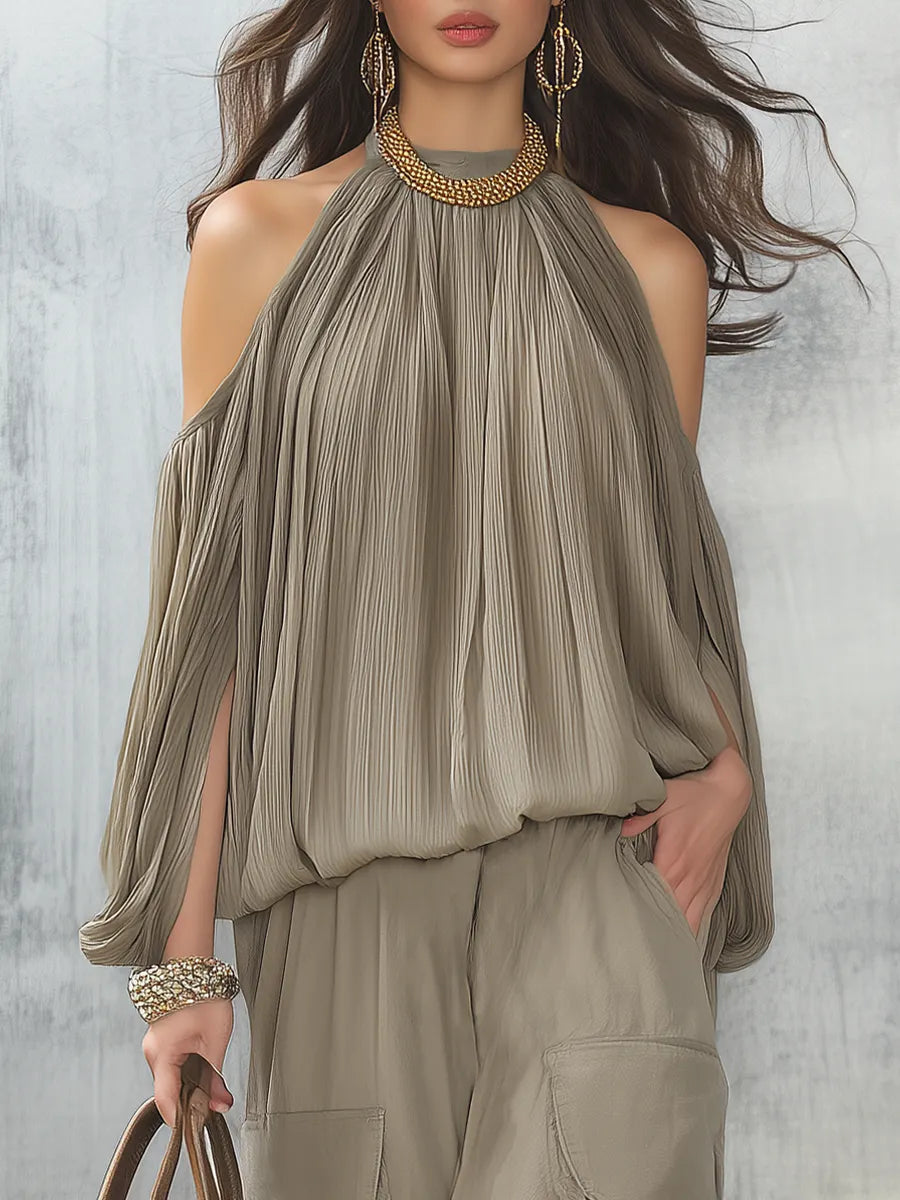 Elegant Taupe Pleated Cold Blouse & Shorts Set