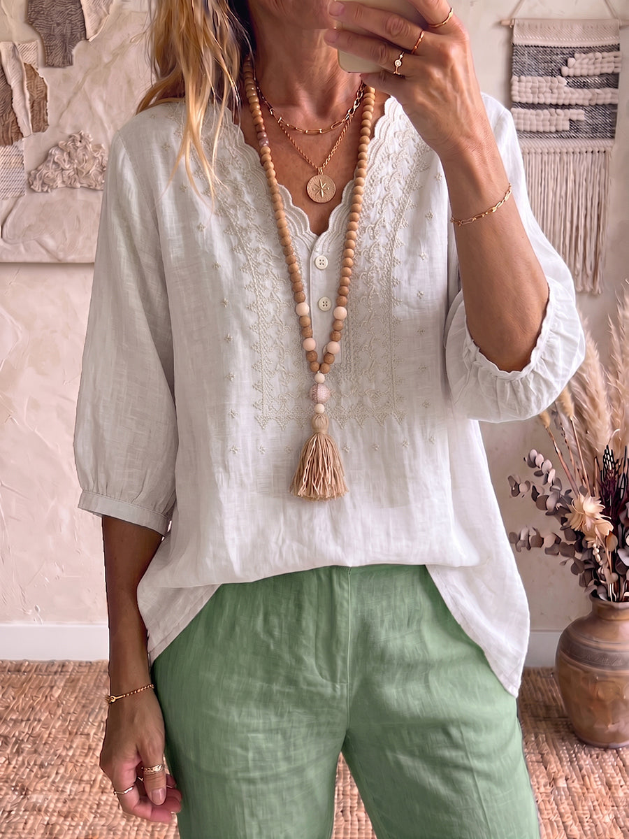 Retro Wavy V-neck Embroidered Cotton-linen Blouse