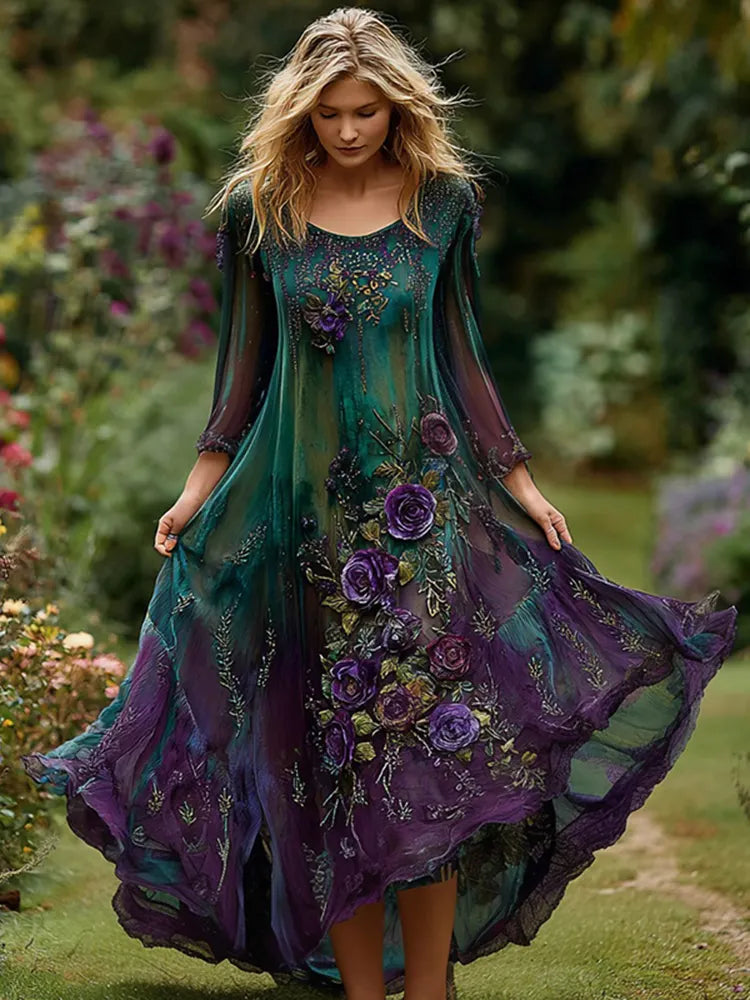 Women's Vintage Floral Embroidery Gradient Pattern Round Neck Long Sleeve Dress