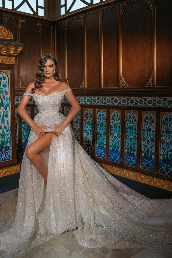 Dasida Luxury Off-the-shoulder Sequins Long Wedding Dresses With Slit