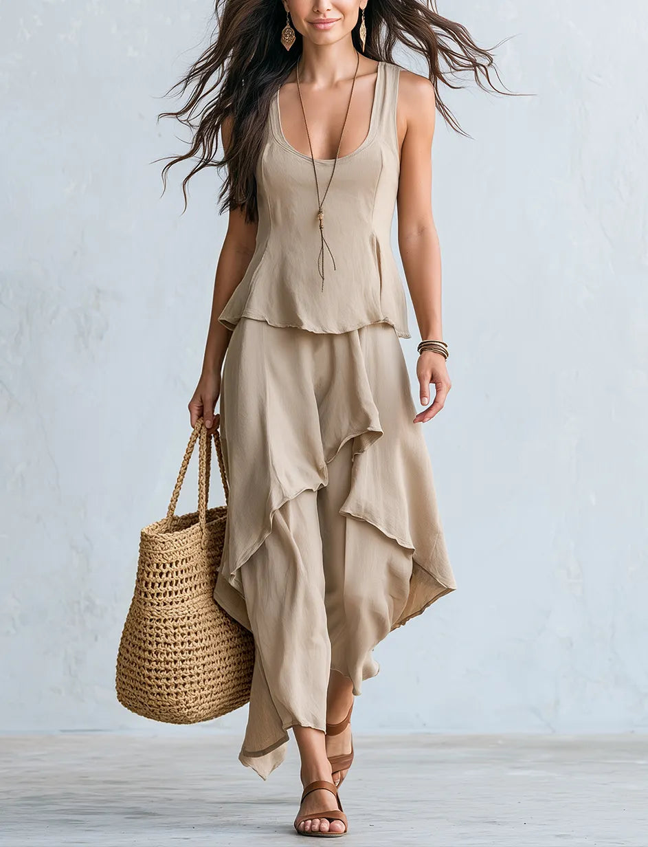 Minimalist Beige Layered Asymmetric Draped Midi Dress
