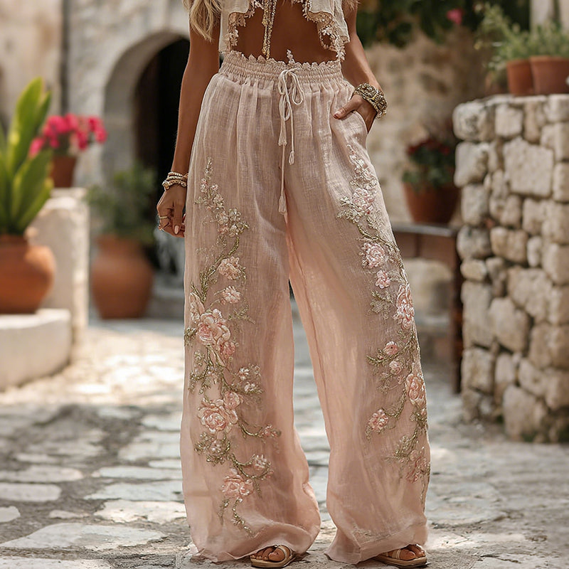 Women's Boho Rose Embroidery Art Linen Blend Pants