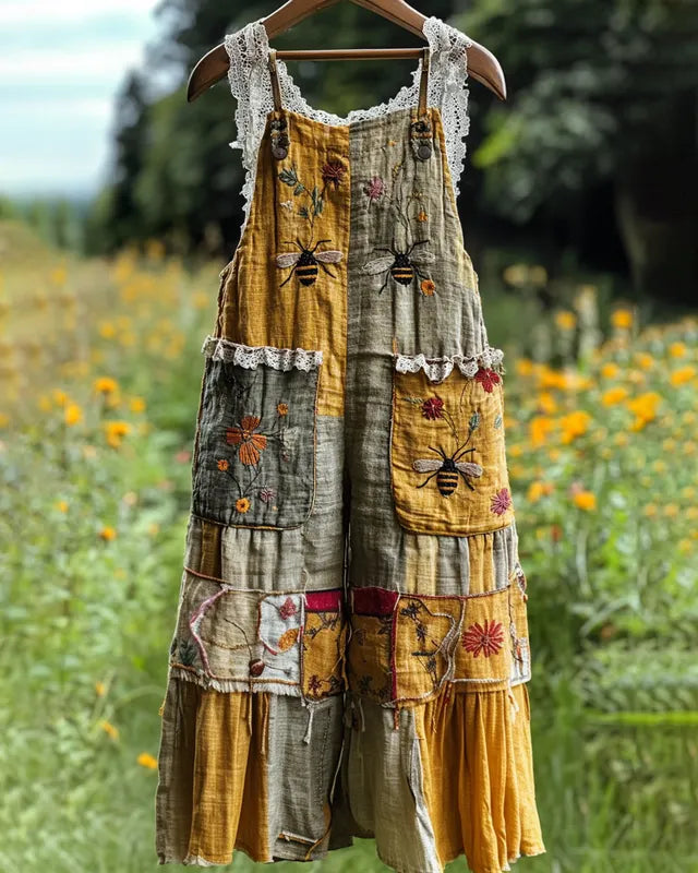 Summer Floral Bee Patchwork Embroidered Overalls 6fe9