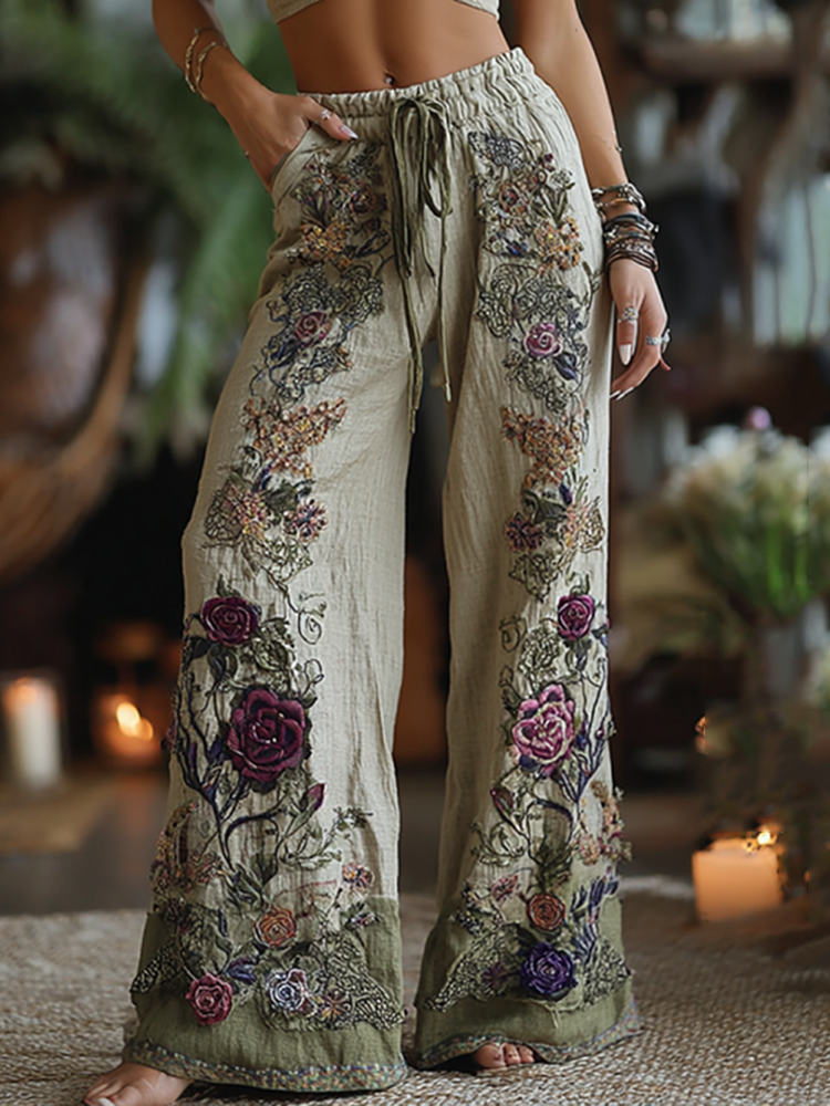 Classy Purple Lavender And Floral Embroidered Art Linen Pants