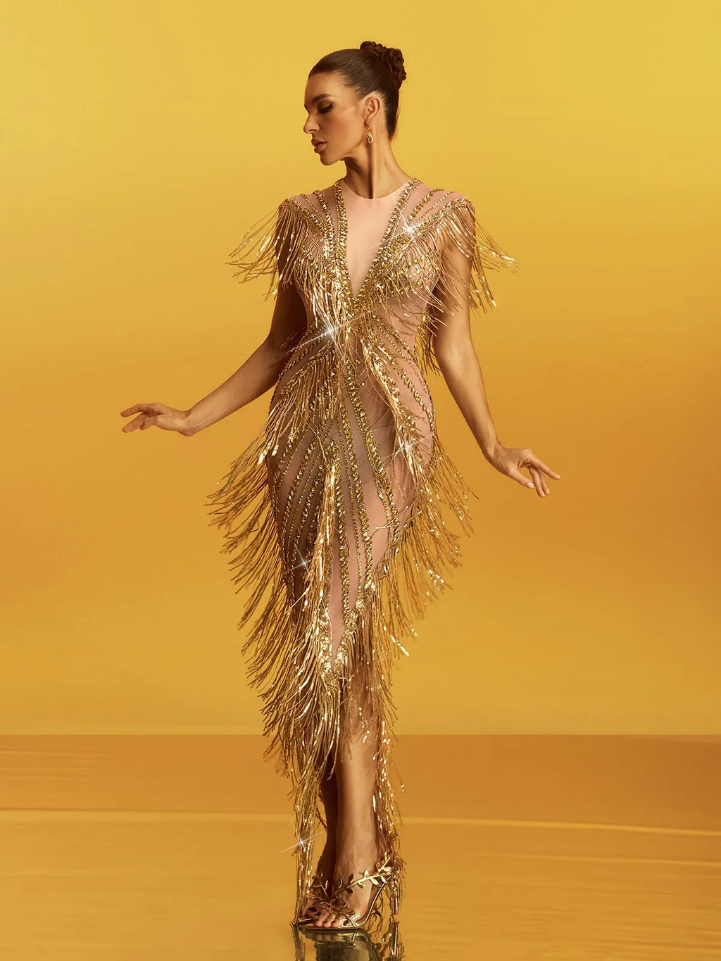 Grabrola Fringe Sequin Crystal Maxi Dress In Gold