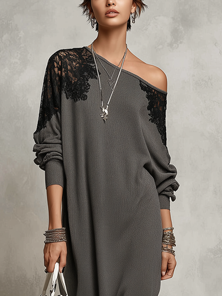 Bohemian Charcoal Gray Lace-trimmed Knit Dress
