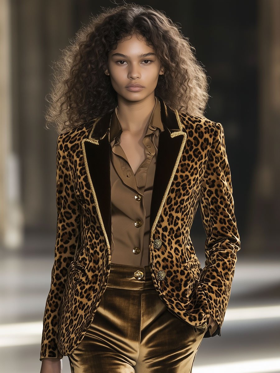 [24-hour shipping out]Casual Fashion Velvet Leopard Print Contrast Lapel Gold Edge Blazer