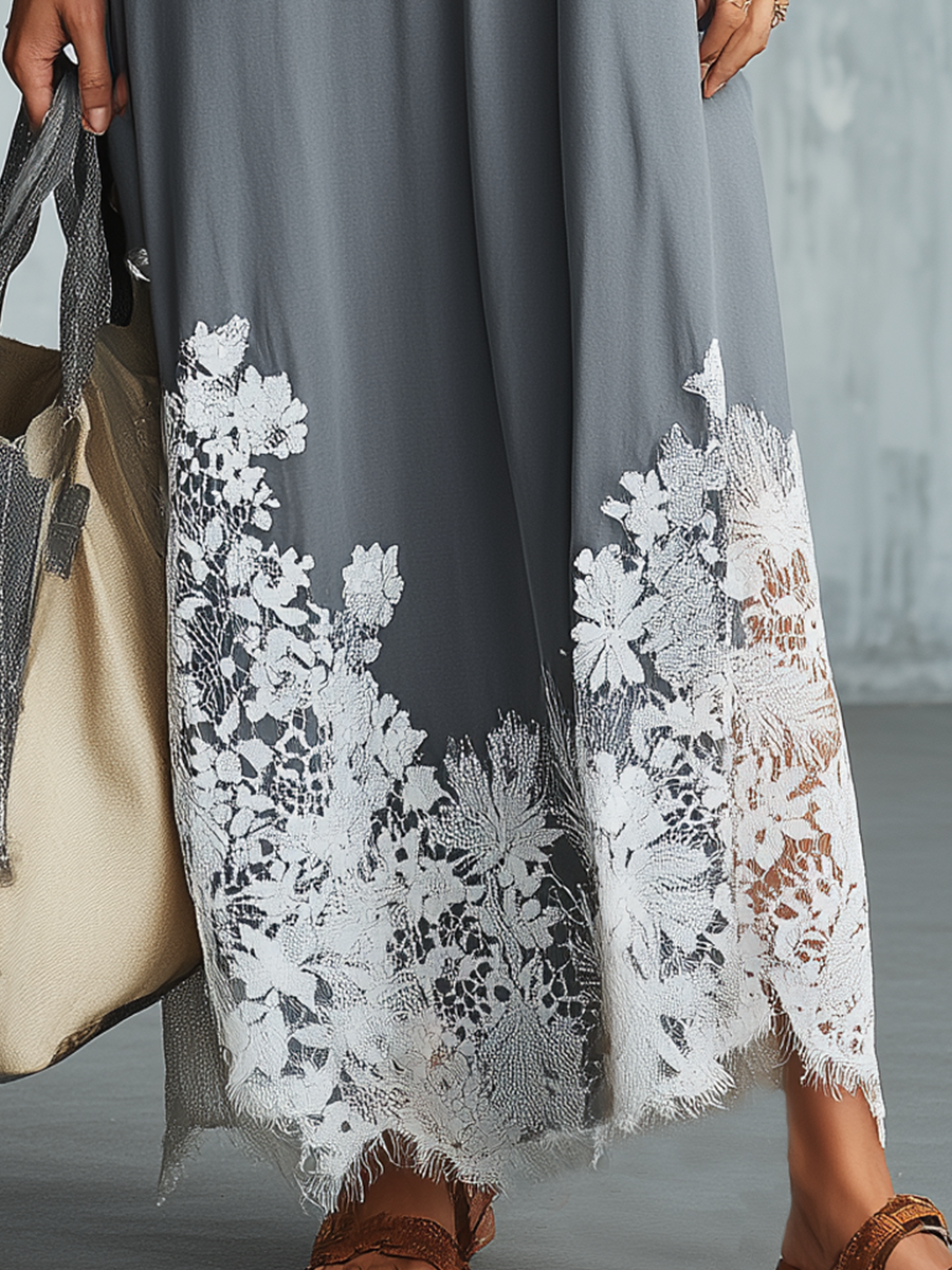 Relaxed Slate Gray Floral Hem Maxi Dress