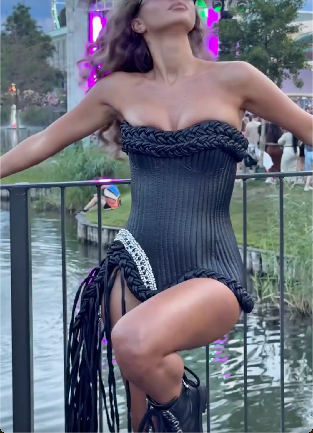 Black Strapless Braided Corset Bodysuit with Crystal Trim & Fringe Detail