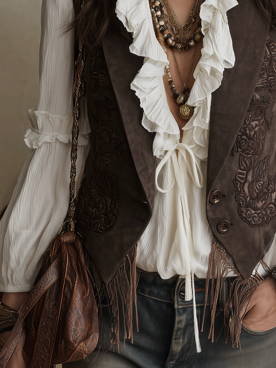 Western Boho Suede Embossed Lace-Up Brown Vest