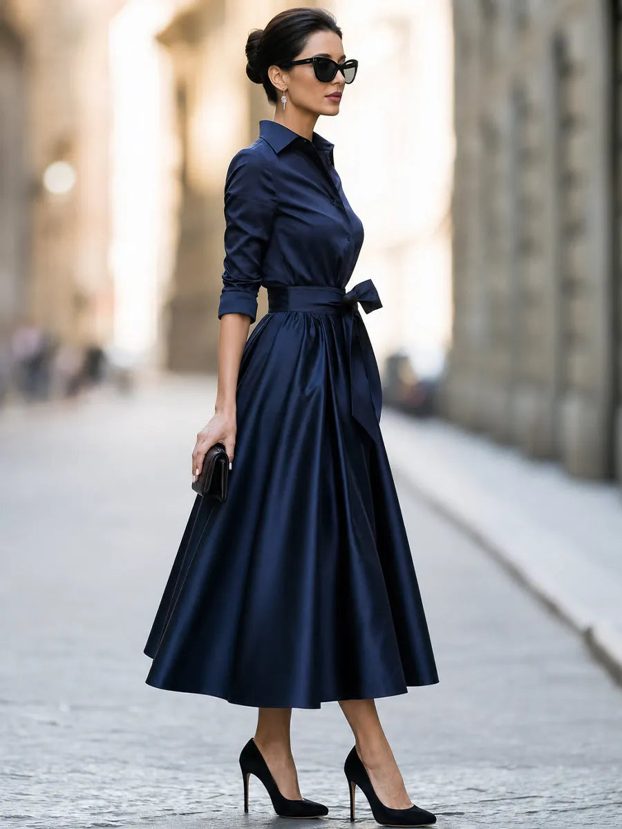 Elegant Navy Satin Shirt Dress with Belted Waist & Full A-Line Midi Skirt