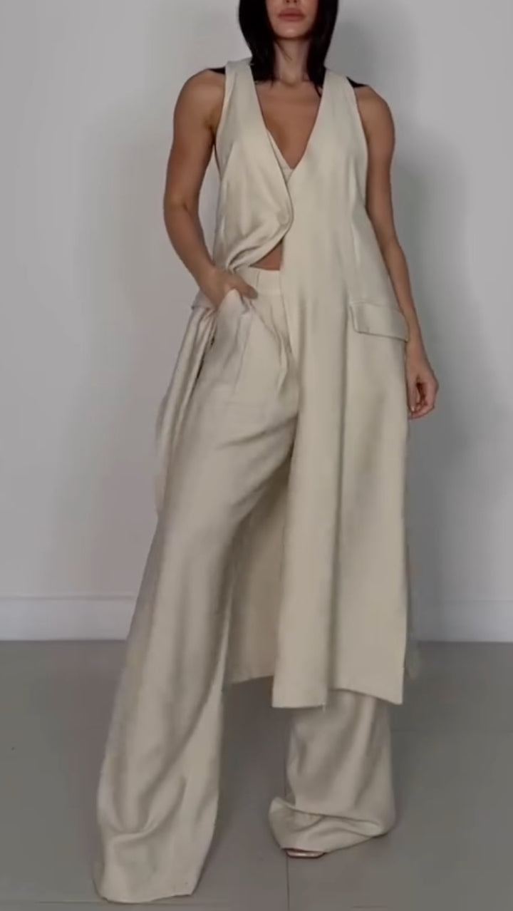 Beige Asymmetric Long Waistcoat Wide Leg Pants 3-Piece Set