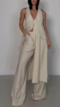 Beige Asymmetric Long Waistcoat Wide Leg Pants 3-Piece Set