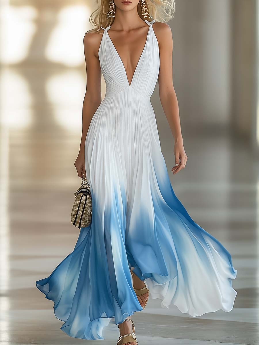 [24-hour shipping out]Elegant And Flowing V-Neck Pleated Chiffon Blue Gradient White Maxi Dress