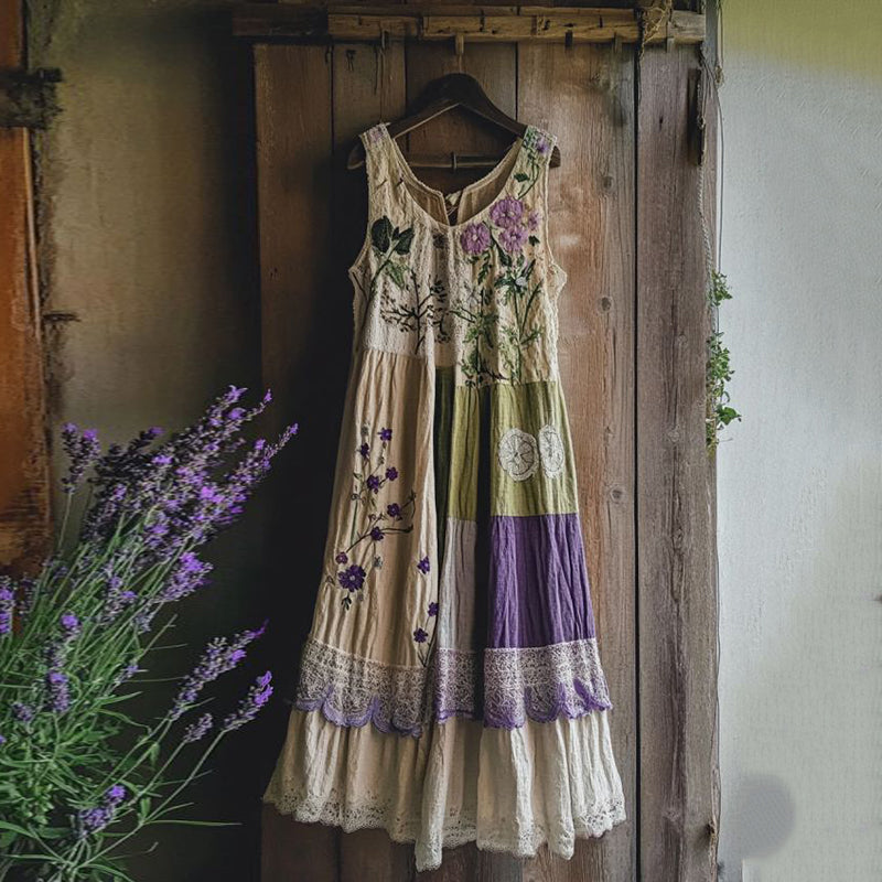 Vintage Tribal Embroidered Violet Lace Floral Art Linen Dress