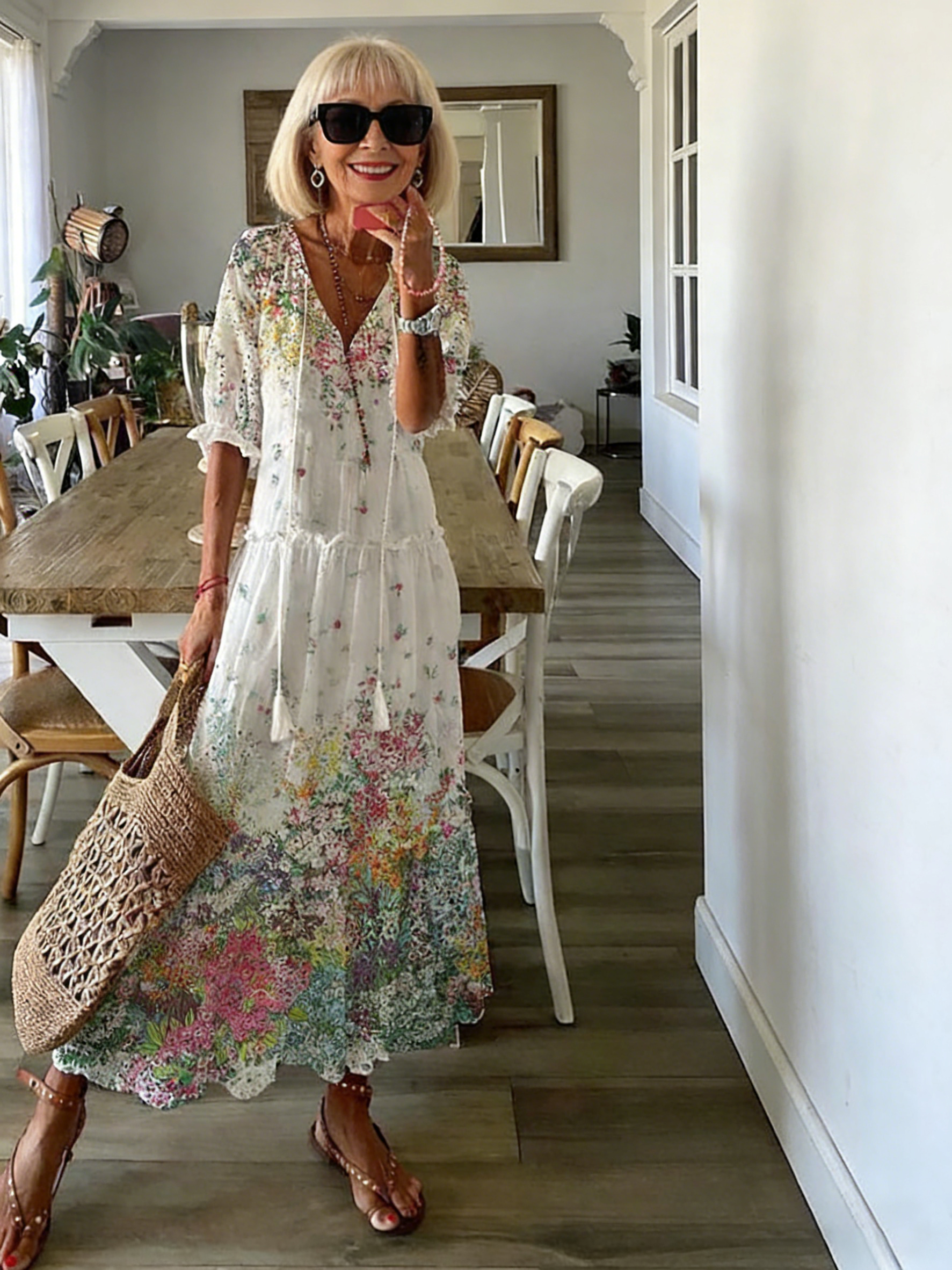 Half Sleeve Floral Print Summer Fall V Neck Casual Geometric Printed Dress