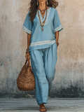 Effortless Boho Embroidered Linen Two-Piece Sky Blue Set