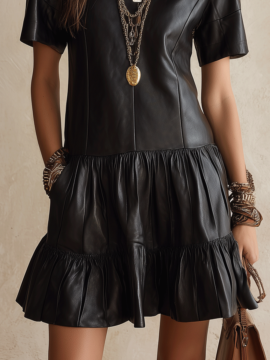 Women's Faux Leather Tiered Ruffle Hem Short Sleeve Mini Dress