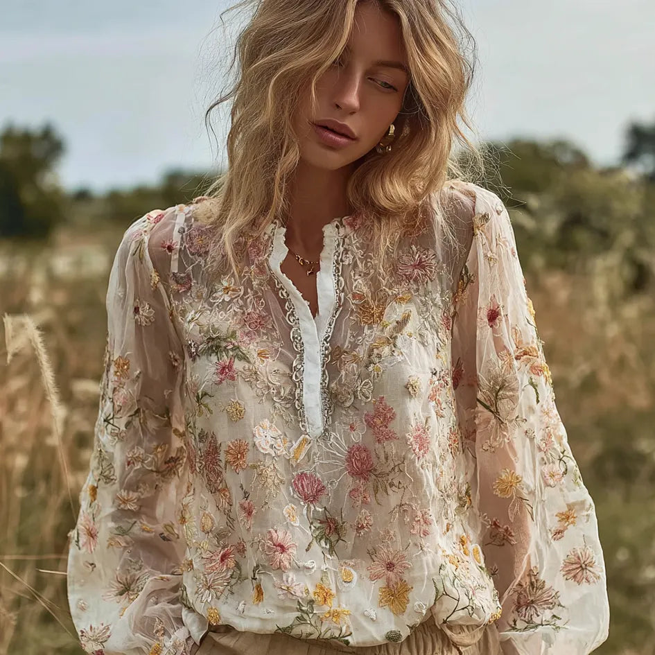 Bohemian Style 3d Plant Flower Pattern Cotton Linen Shirt