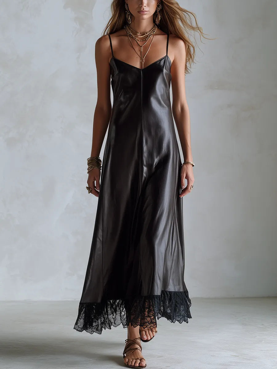 Bohemian Black PU Leather Lace Maxi Dress