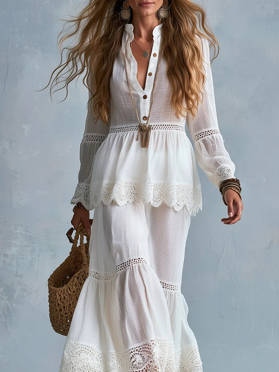 Bohemian Lace Stand-up Collar Shirt And Skirt Set