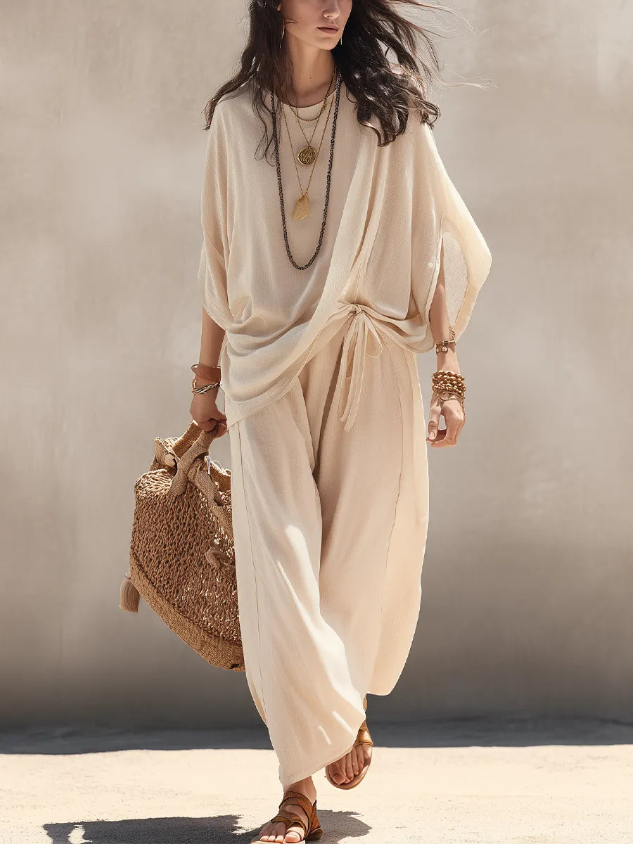 Effortless Beige Draped Sleeveless Co-ord Set