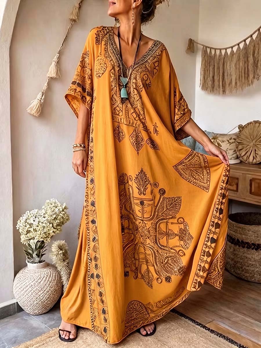 Women's Casual Loose Cotton-linen Dress With Placement Print V-neck, And 3/4 Sleeves