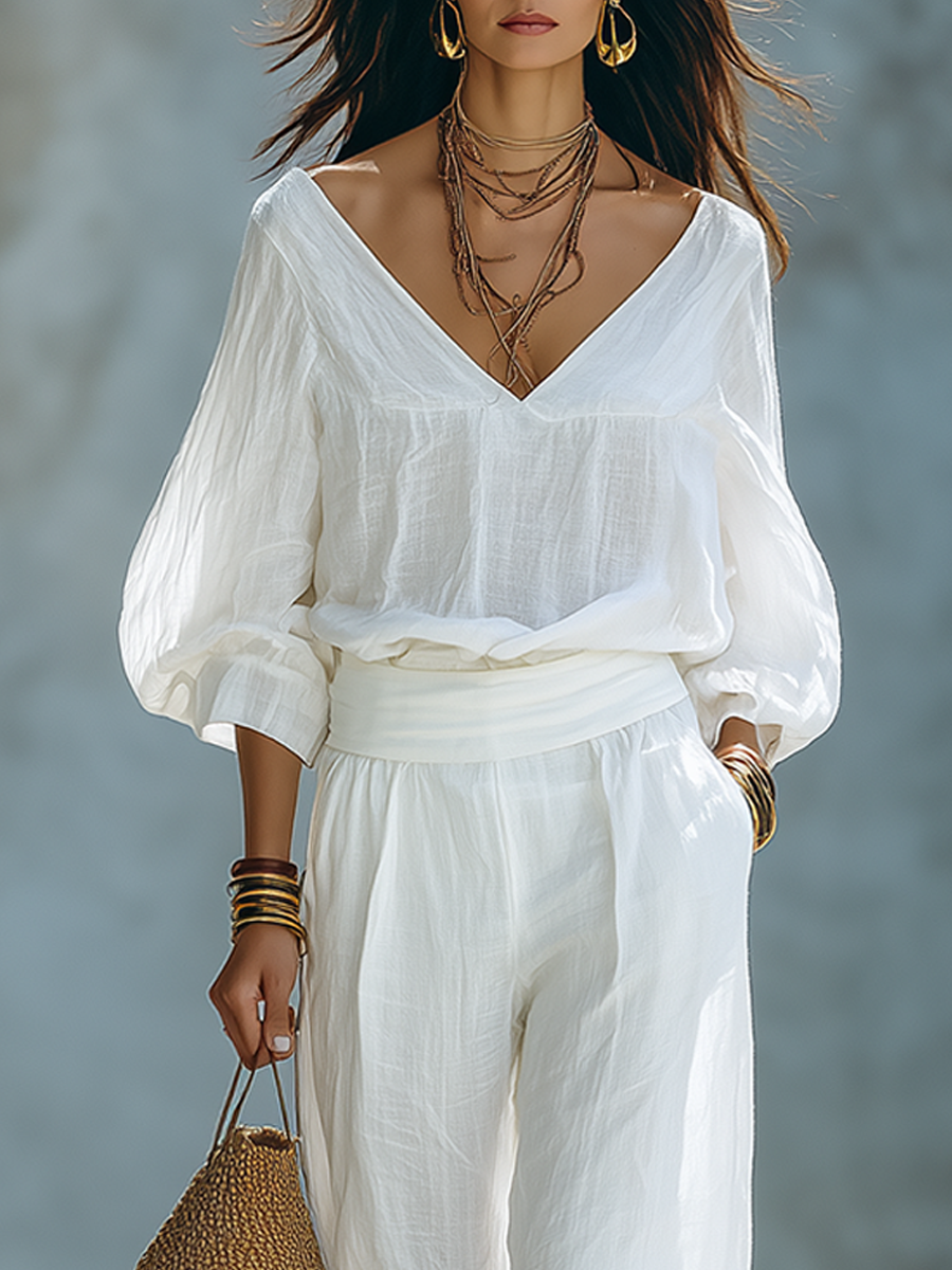 Minimalist Bohemian Style White Linen Puff Sleeve Top And Pants Set