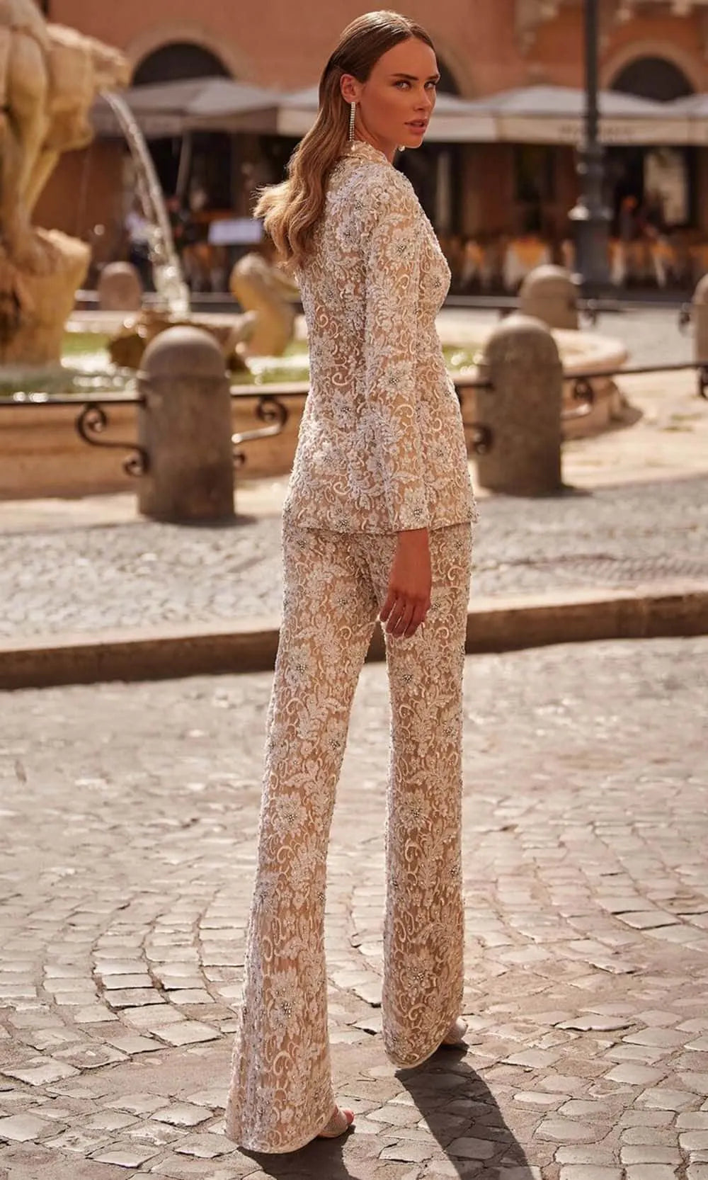 Sherri Hill 55907 - Plunging V-Neck Beaded Lace Pantsuit