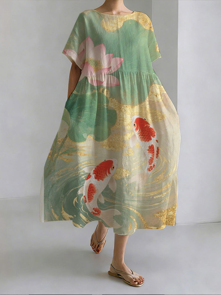 Japanese Style Koi And Lotus Pond Round Neck Casual Dress