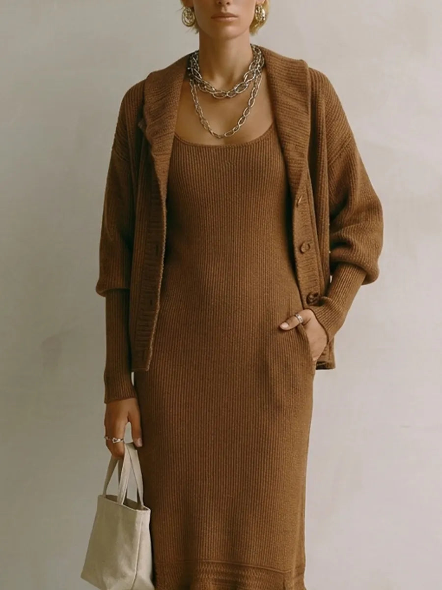 Earthy Boho Knit Cardigan & Mermaid Midi Dress Set