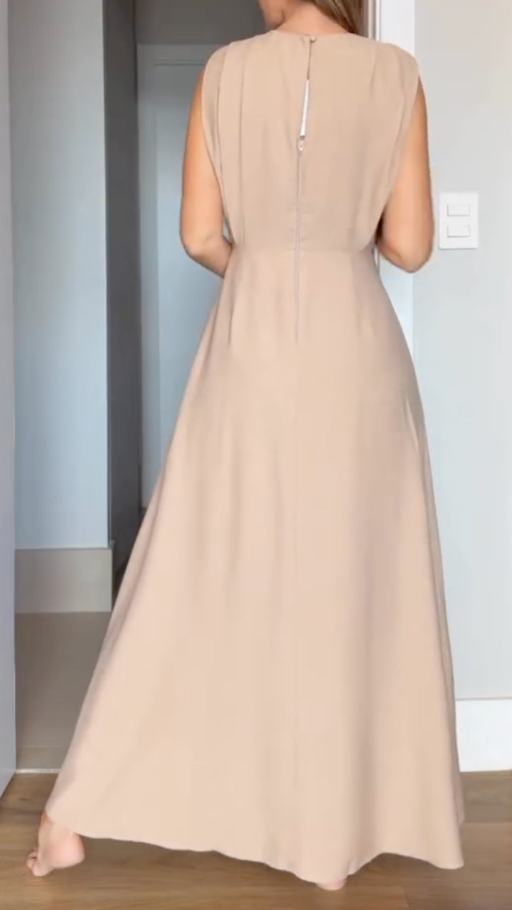 Beige Sleeveless Cutout Waist Tiered Maxi Dress