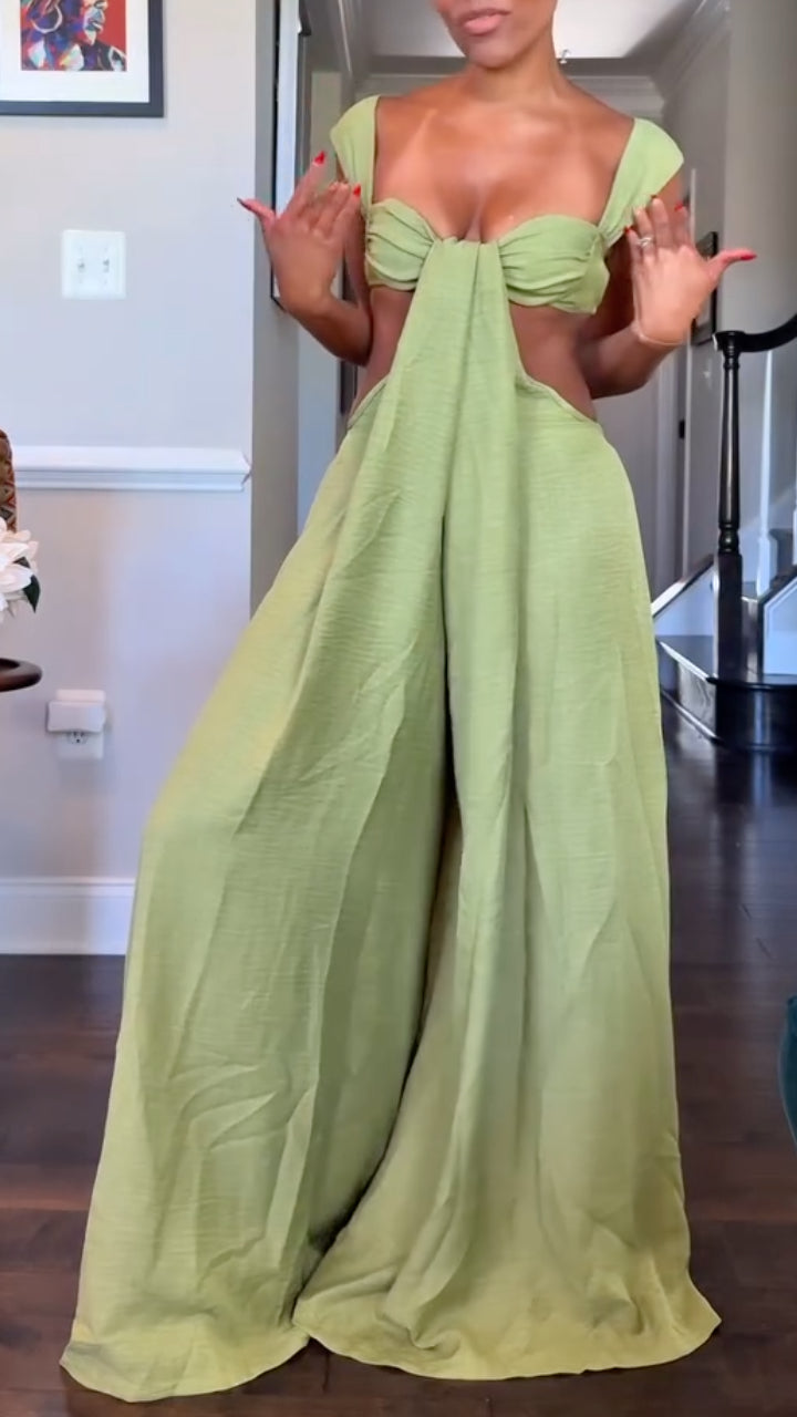 Cutout Tie‑Front Wide Leg Jumpsuit