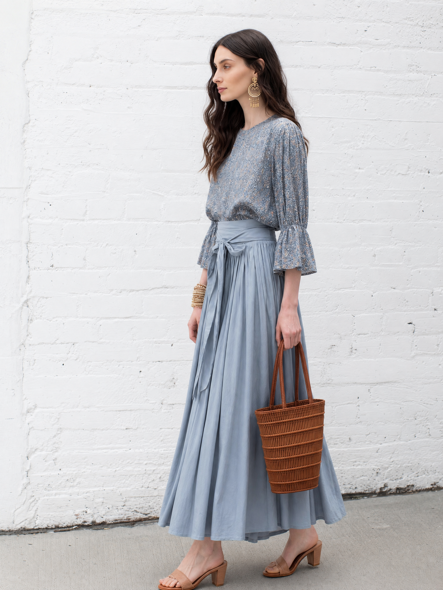 Elegant Dusty Blue Floral Print Blouse &  Skirt Set