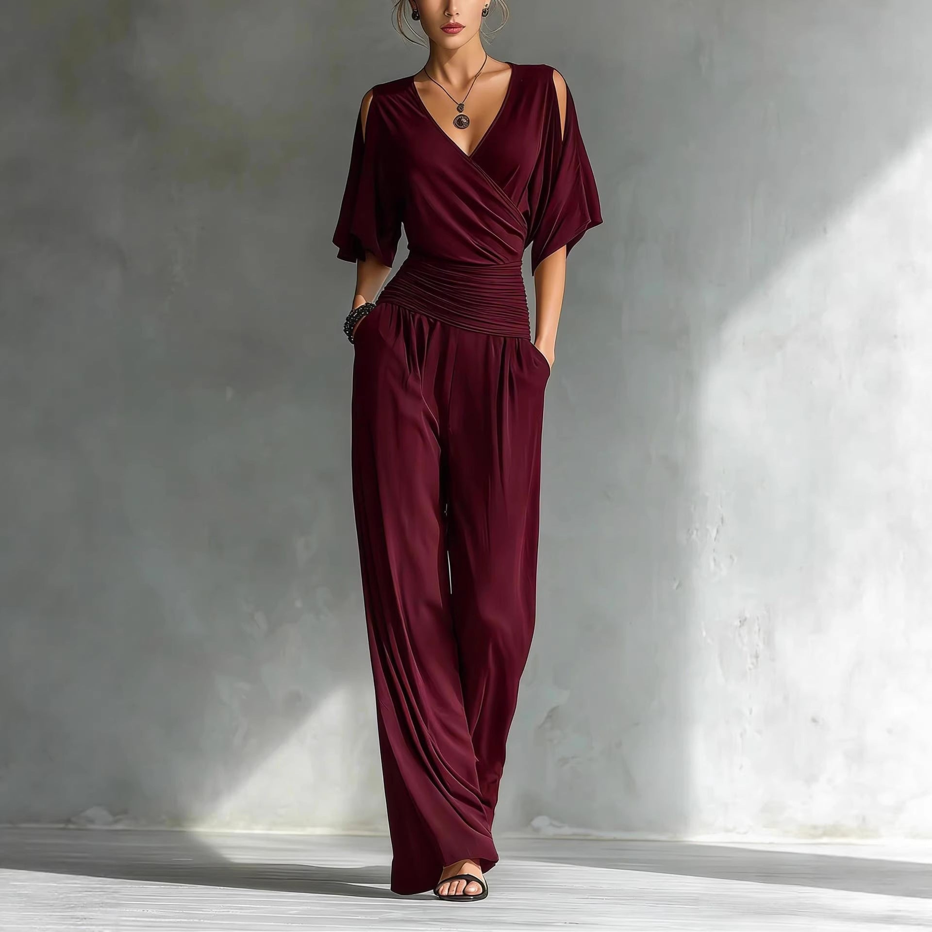 French Chic Wrap V-Neck Jumpsuit - Elegant Ruched Waist Wide-Leg Romper with Shoulder Cut-outs