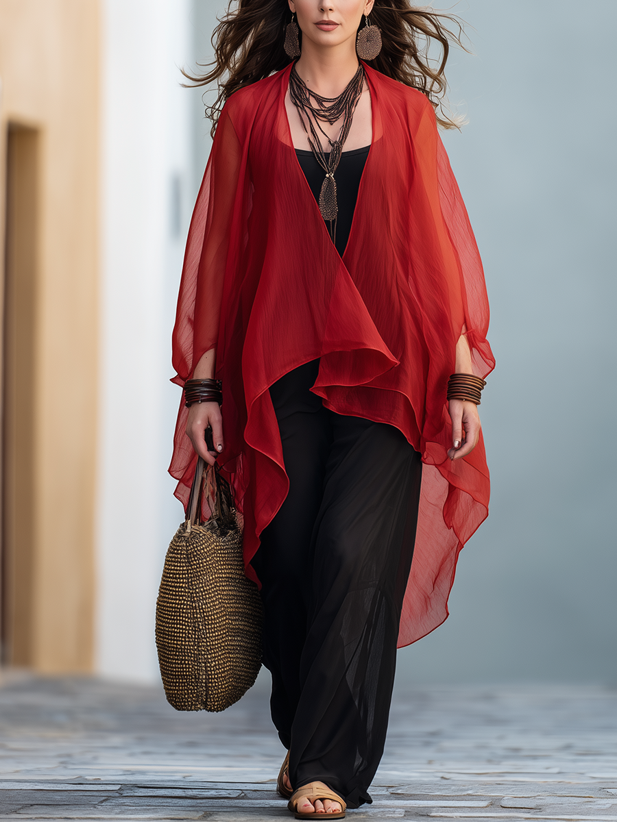 Resort-style Red Chiffon Cardigan And Black Slip Dress Set