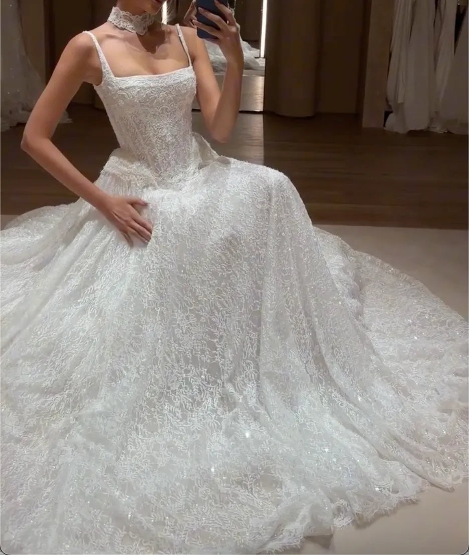Spaghetti Strap Square Neck Lace A-Line Wedding Dress Corset Bodice Bridal Gown With Long Train