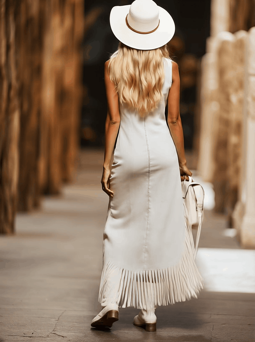 [24-hour shipping out]Casual Vintage Brown Embroidery White Denim Sleeveless Tassel Midi Dress
