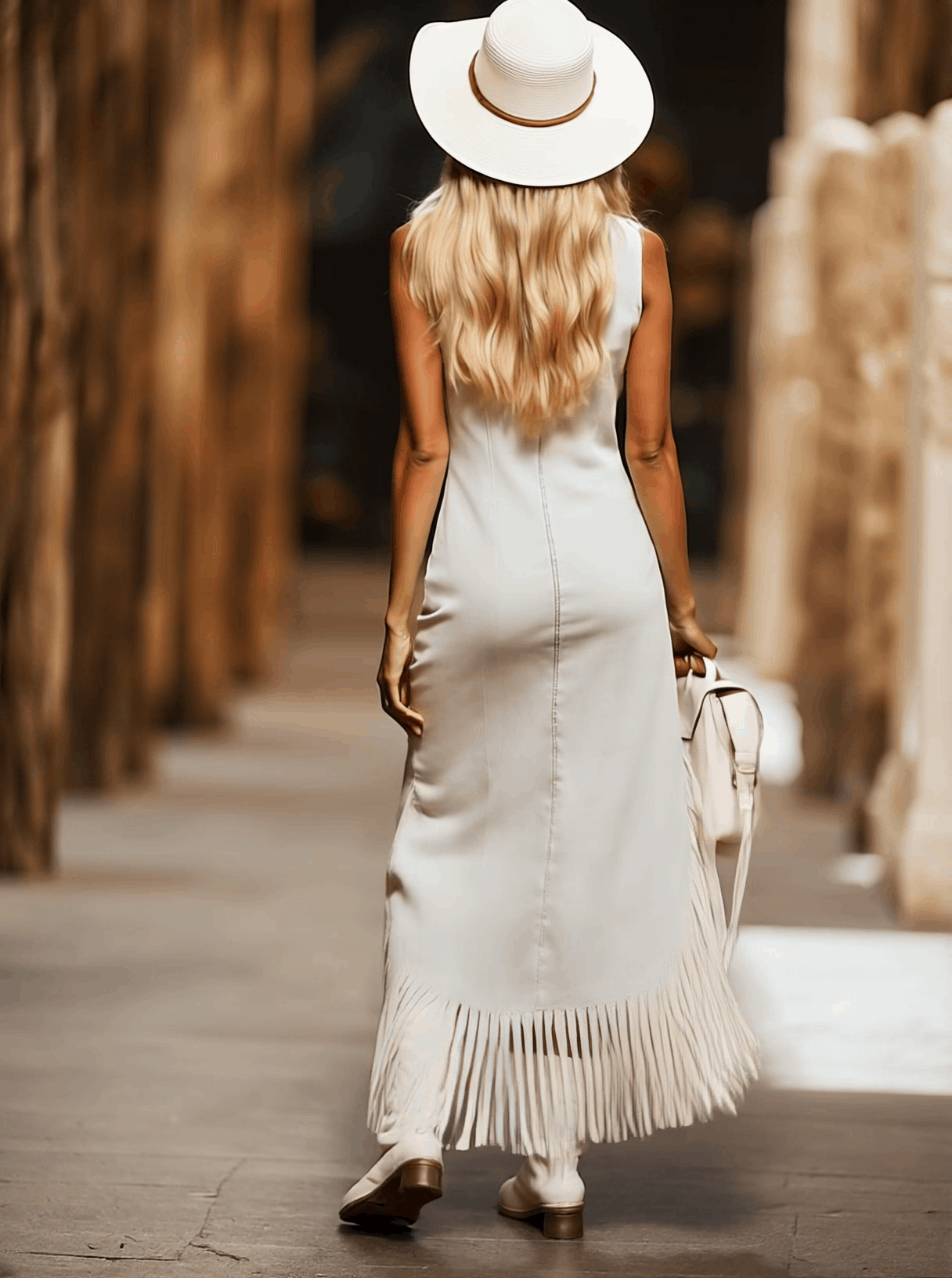 [24-hour shipping out]Casual Vintage Brown Embroidery White Denim Sleeveless Tassel Midi Dress