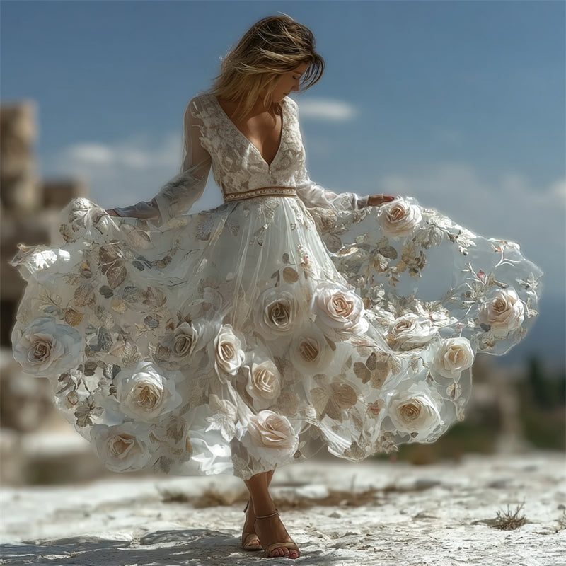 Classy White Roses Glitter Fiber Art Flowy Maxi Dress