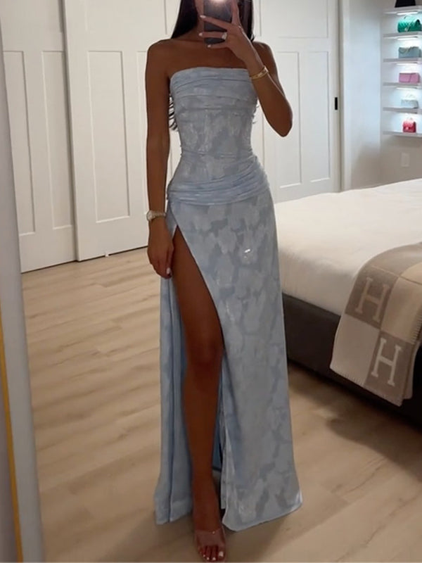Shiny Sequinned Flower printed Sleeveless Tube split-side Maxi Dresses
