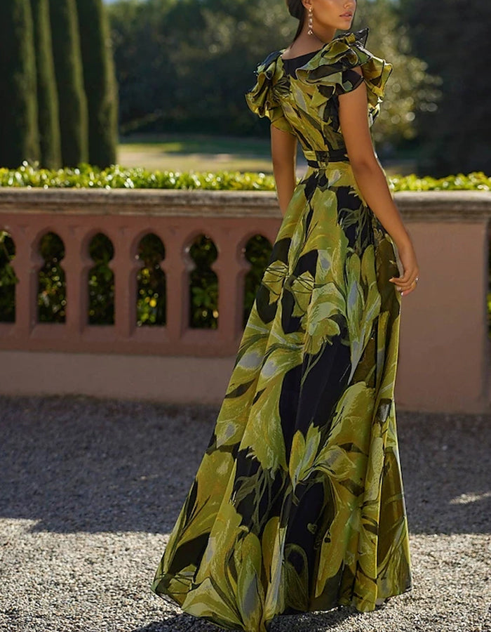 A-line V-neck With Floral Print Maxi Dress