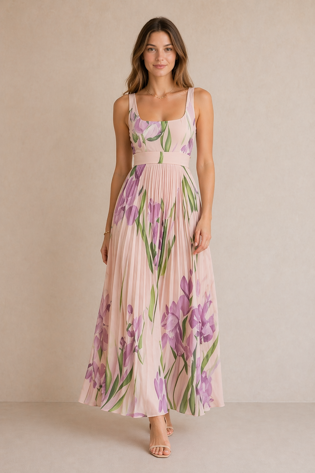 Floral Pleated Square-Neck Maxi Dress