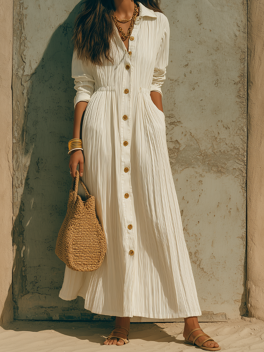 Minimalist Ivory Textured Long Sleeve Belted Midi Shirt Dress