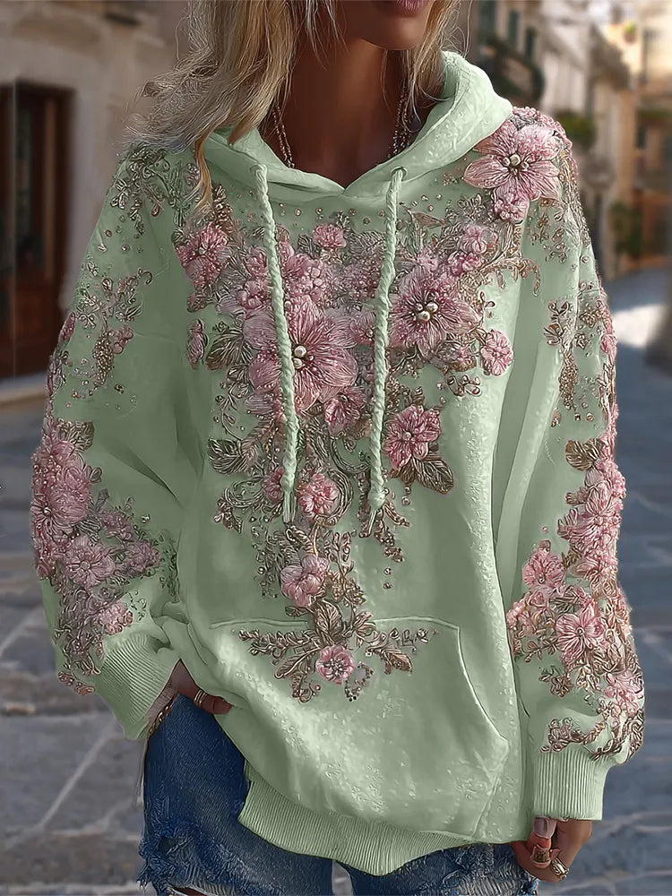 Women's Classic Floral Embroidery Art Comfy Hoodie