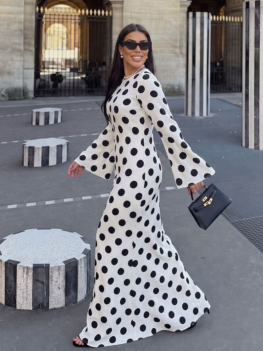 Polka Dot Contrast Color Loose Long Sleeves Round-neck Maxi Dresses