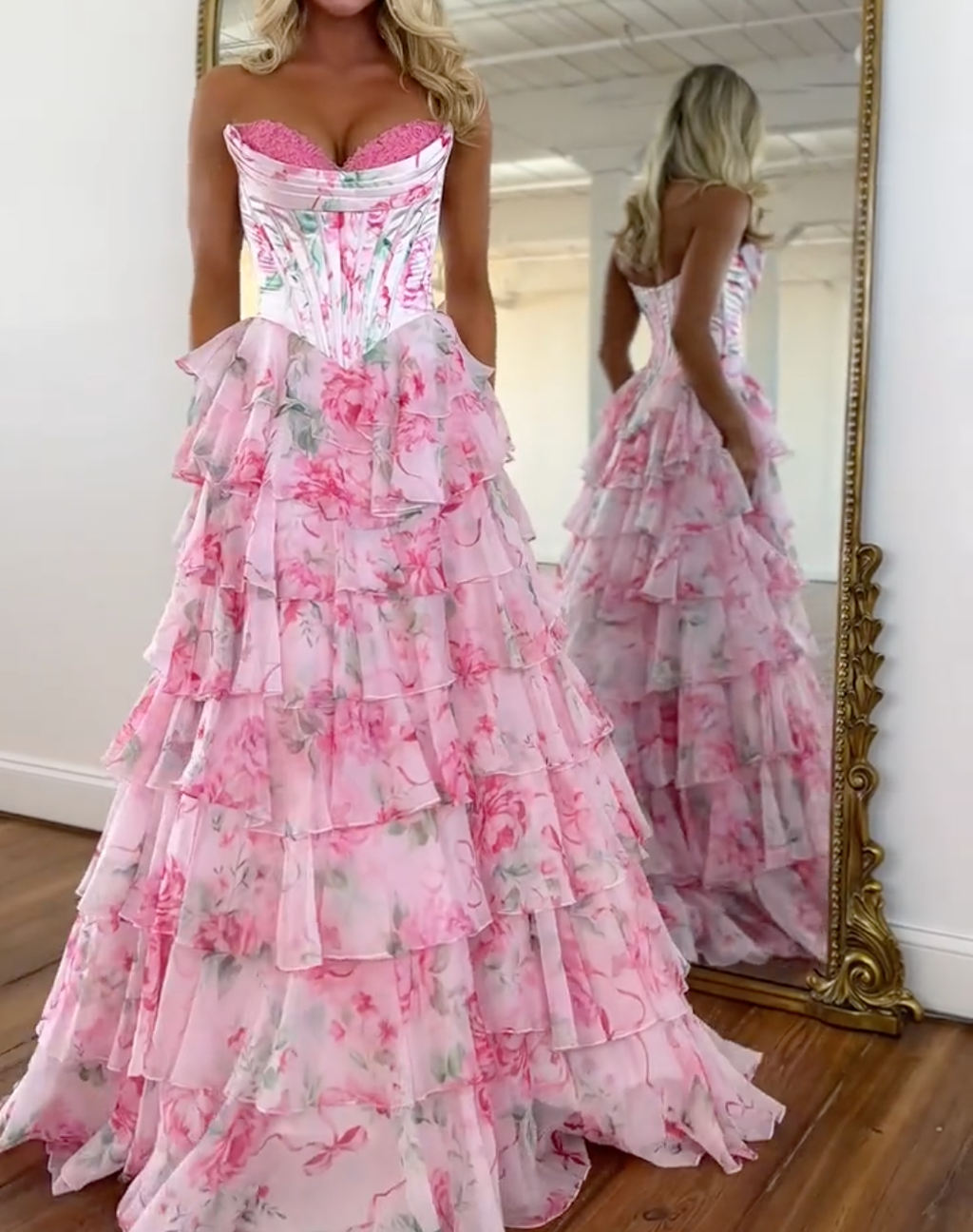 Princess A Line Sweetheart Pink Corset Prom Dress with Ruffles Appliques